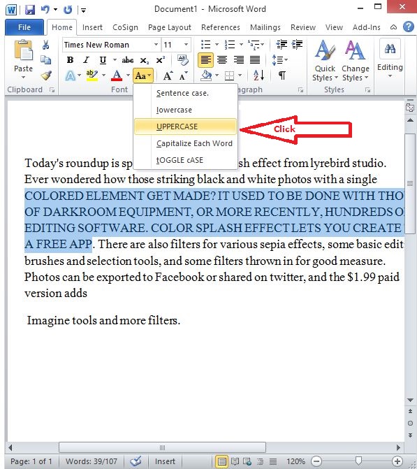 Change case in text document in Word 2010