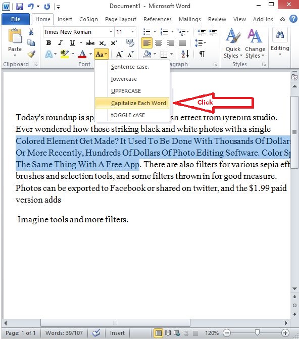 Change case in text document in Word 2010